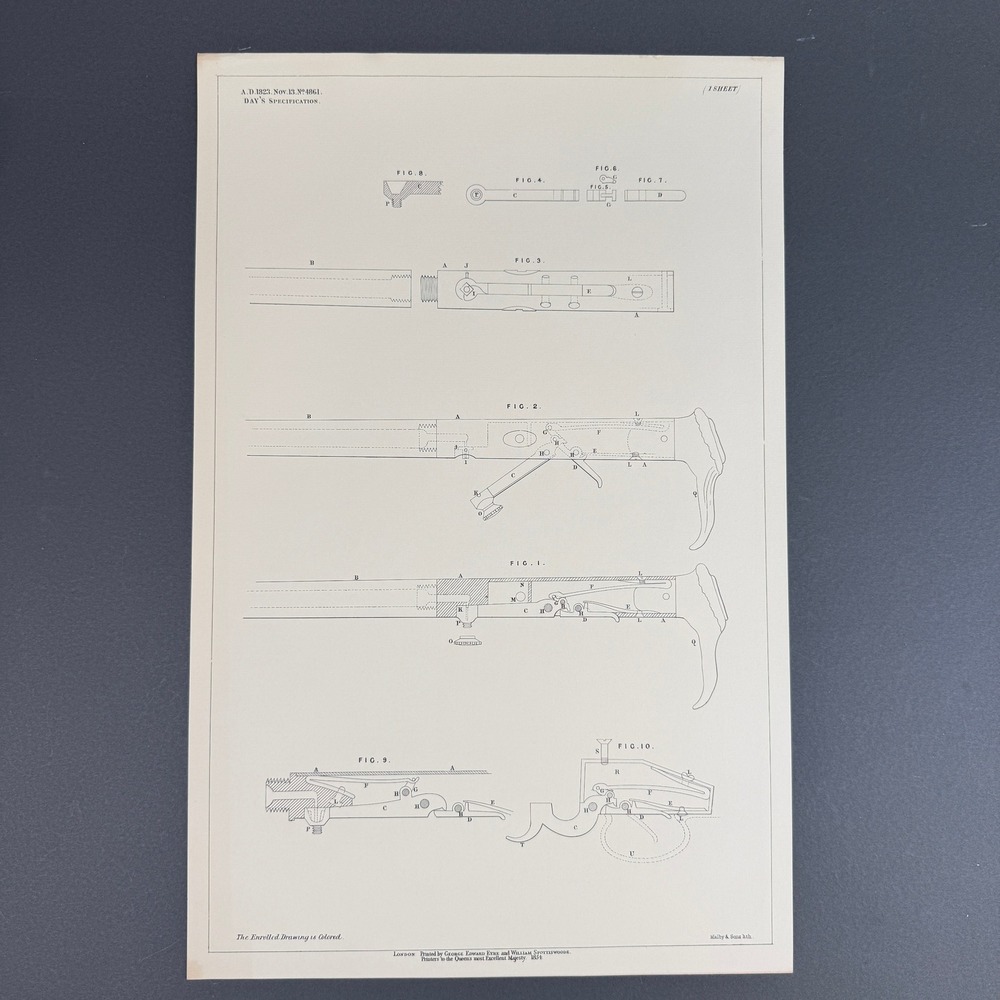 1854 British Patent Lithograph Print Day's Specification Firearm Lock Mechanism